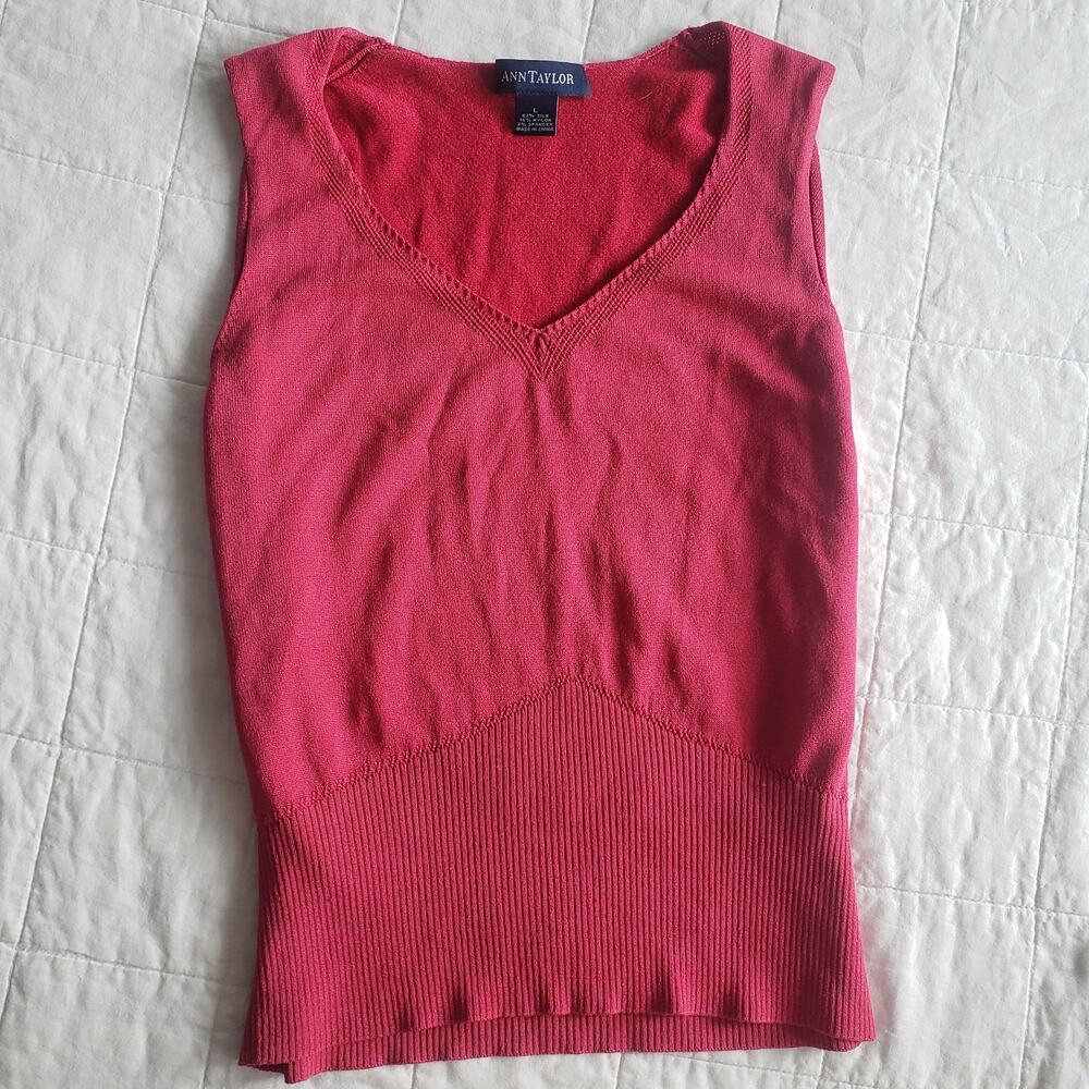 Vintage y2K Ann Taylor Sz L Pink Silk Vest Top Sleeveless V Neck Tank Rib Knit